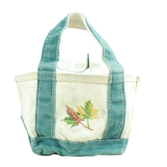 LL Bean Mini Boat Tote Bag Canvas Green Purse Embroidered Autumn Leaf Rare - Picture 1 of 11